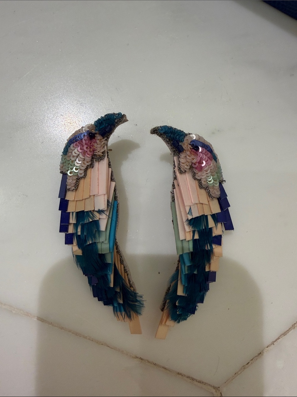Mignonne Gavigan Sequined Parrot Earrings in Teal, Pink, Navy and Cream